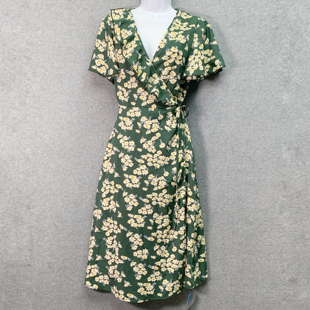 Cupshe Green Daisy Floral Wrap Midi Dress Ruffle V-Neck CAA05A3A019RG Large NEW